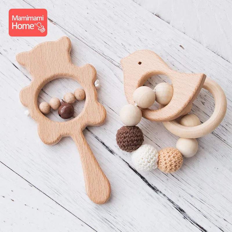 1Set Baby Toys Music Rattle Wood Crochet Bead Bracelet Wooden Rodent Chew Play Gym Montessori Baby Teether Products Newborn Gift
