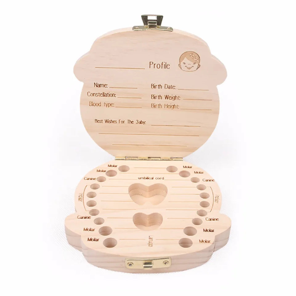 Spanish English Dutch/ Portugal French Russia Baby Wood Tooth Box Organizer Milk Teeth Storage Collect Teeth Umbilica Save Gifts