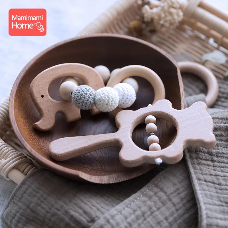 1Set Baby Toys Music Rattle Wood Crochet Bead Bracelet Wooden Rodent Chew Play Gym Montessori Baby Teether Products Newborn Gift