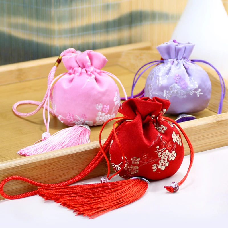 Embroidery Drawstring Gift Bag with Tassel Small Empty Pouch Car Pendant Children Baby Mosquito Repellent Lavender Storage Bag