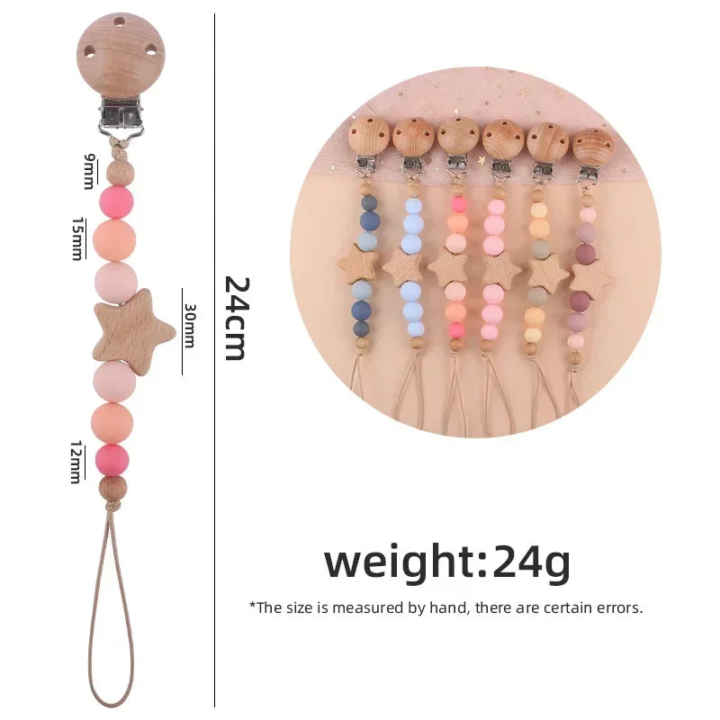 Wooden Baby Pacifier Chain Silicone Bead Dummy Nipple Holder Guard Teether Pendant  Newborn Gift Stuff