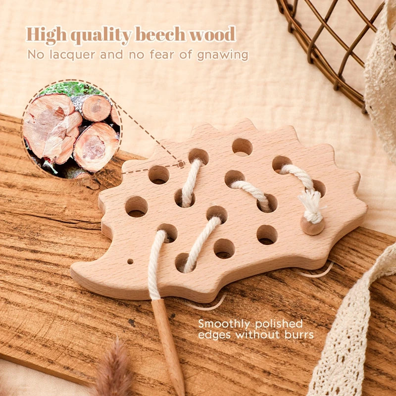 Wooden Hedgehog Threading Board Kids Montessori Toys Beech Wooden Educational Toy Button Beaded Blocks Puzzle Toy Baby Gifts